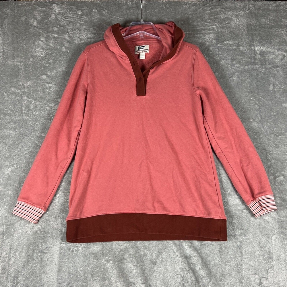Lands End HoodedSweatshirt Womens Pink Med Serious Sweats Hoodie Button Up 10-12